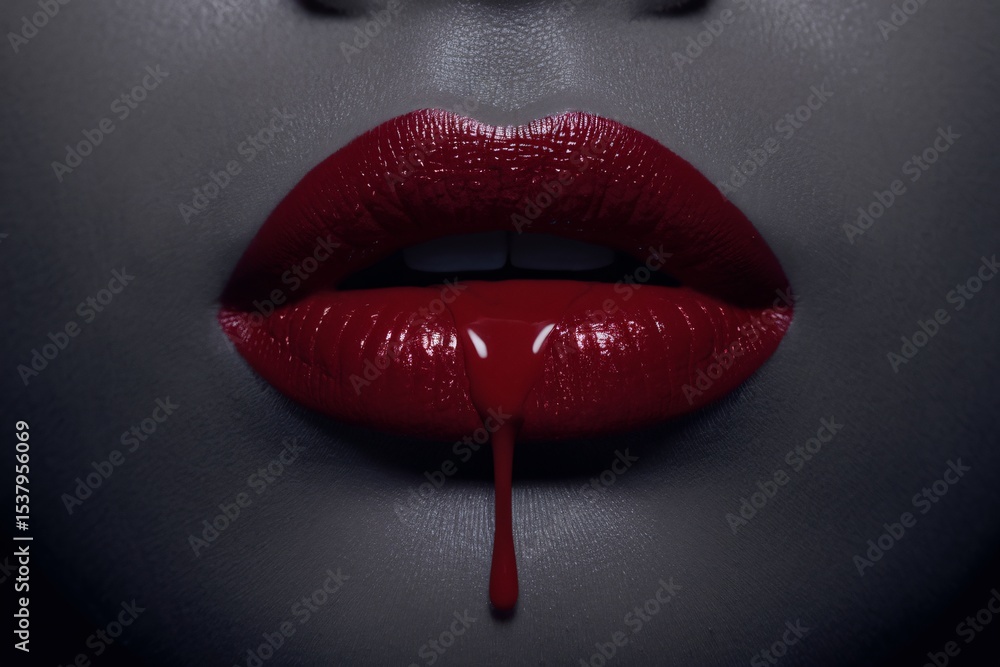 Obraz premium Close-up of feminine lips adorned with glossy red lipstick, dripping slightly, against a dark background.