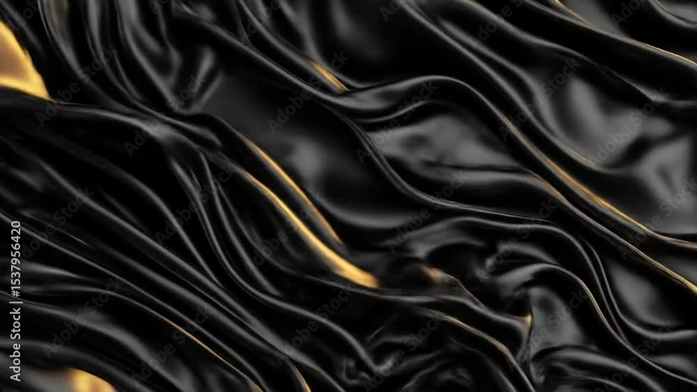 Flowing Black Silk Fabric with Golden Highlights in Motion Video Flowing Black Silk Fabric with Golden Highlights in Motion Video