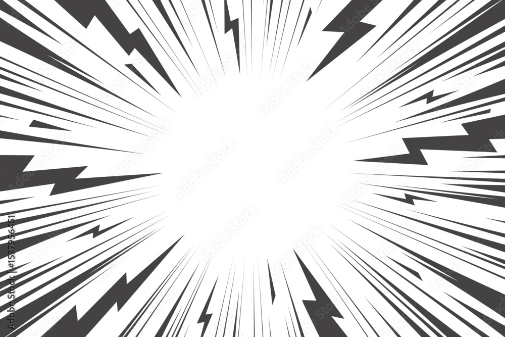 Comic illustration with burst effect and lightning bolts. Abstract vector design of powerful energetic frame. Manga or superhero art. Explosion perfect for retro-inspired pop art elements.