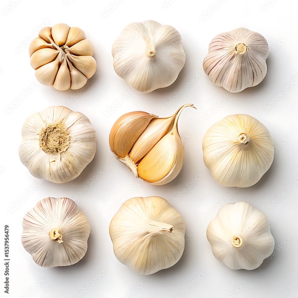Fototapeta premium Eight garlic bulbs arranged on white background isolated on white background