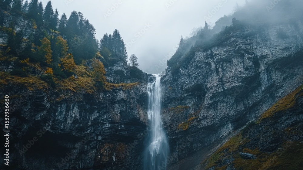 A powerful waterfall cascades down a steep rocky mountain slope A powerful waterfall cascades down a steep rocky mountain slope