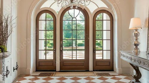 Classic entryway with arched double doors, chandelier, checkered tile floor, and a large console table with a mirror