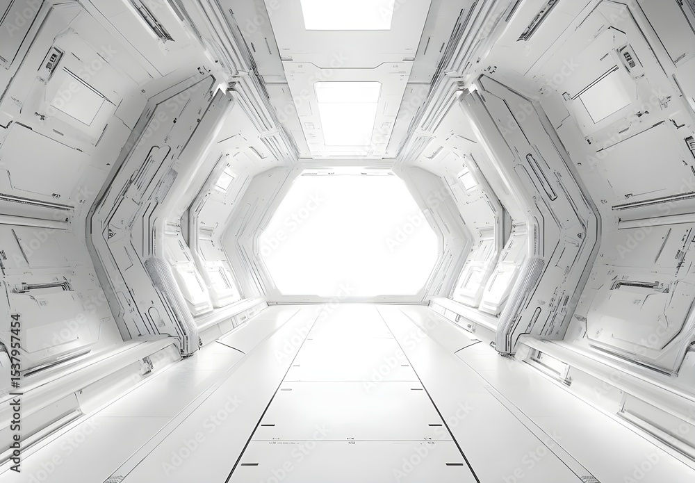 Fototapeta premium Futuristic White Corridor, Spaceship Interior