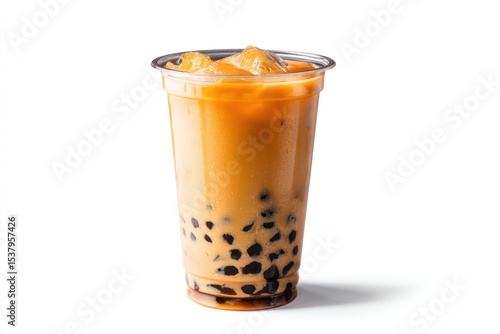 Isolated image of bubble tea in a clear cup, showing off its refreshing appearance and tapioca pearls.