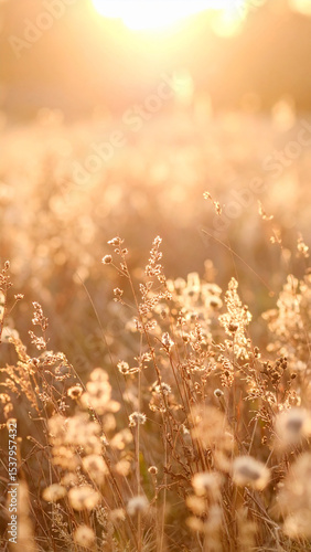 Golden Sunlight Illuminates a Field of Wildflowers at Sunset, Creating a Serene and Magical Atmosphere