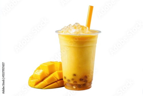 Mango bubble tea served with fresh ice and tapioca pearls in a clear cup.