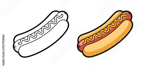 Hot Dog Illustration Coloring Page and Colored Version