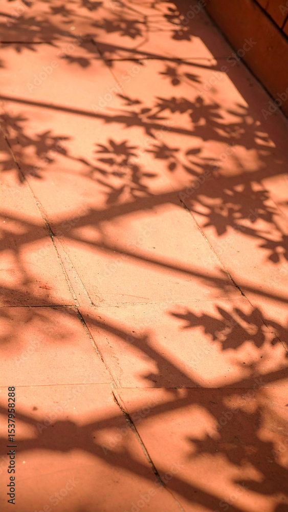 Obraz premium Shadows of Foliage Cast on Warm Orange Tiles Create a Tranquil Atmosphere During the Afternoon Hours