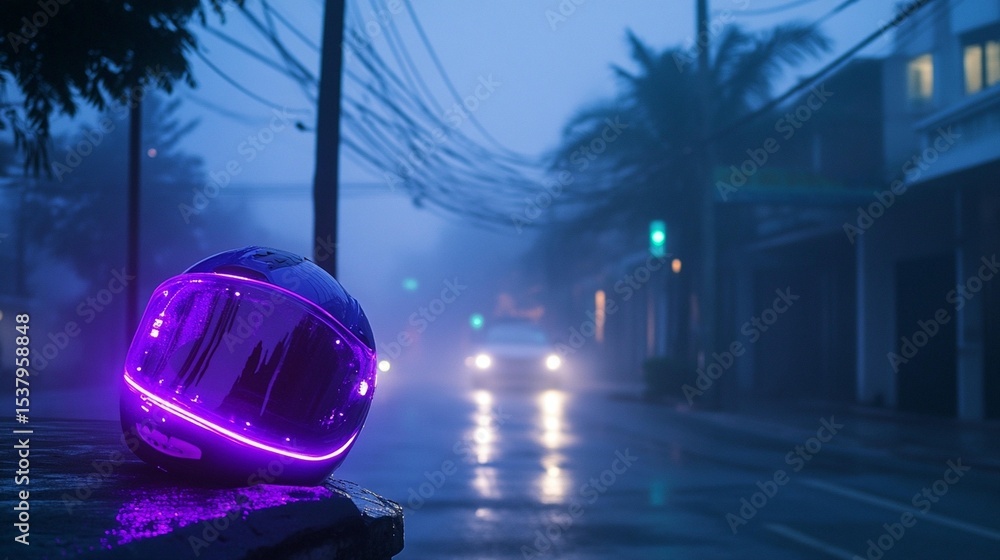 Fototapeta premium Neon Helmet, Foggy Night Street