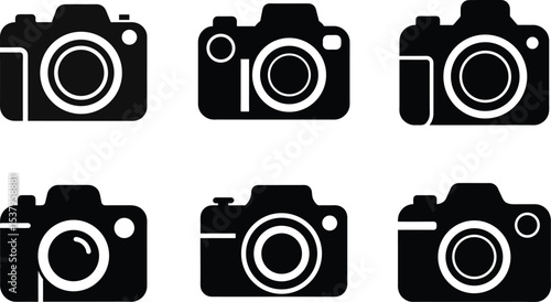 A set of vintage film and digital cameras with various lenses and photographic equipment icons