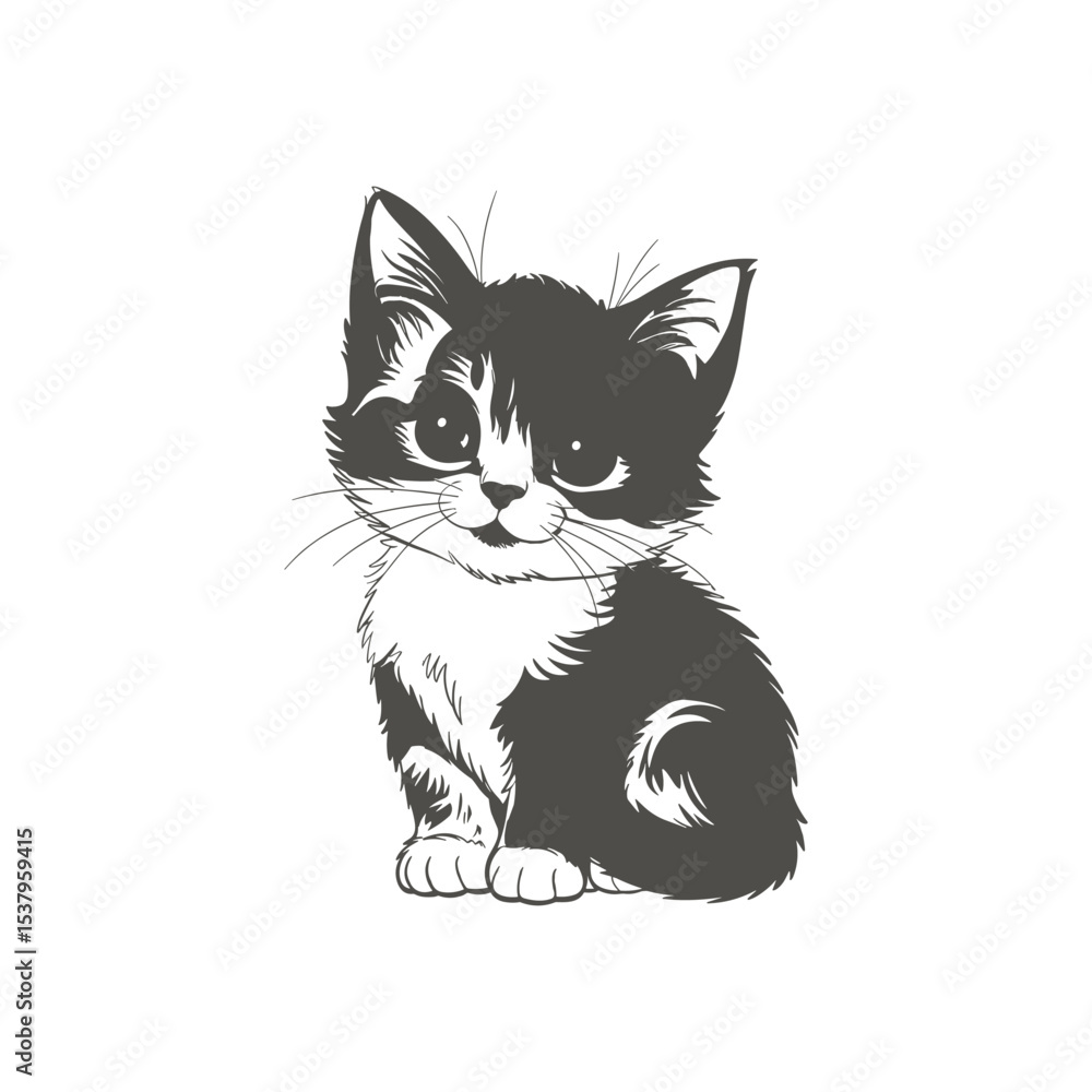 Obraz premium Cute Black and White Cartoon Kitten Illustration on White Background