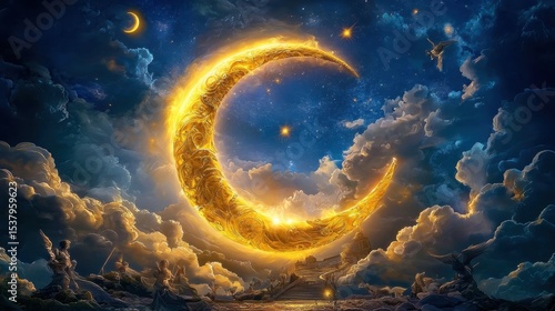Full moon illuminating the night sky with a gentle glow surrounded by stars and fluffy clouds in the distance