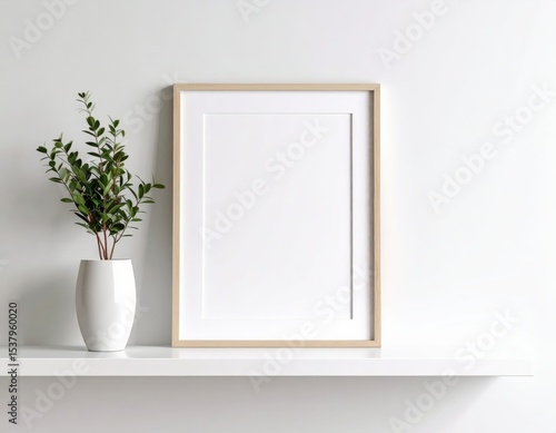 Minimalist interior with blank frame and plant on white shelf against white wall
