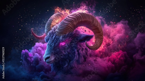 Majestic ram surrounded by ethereal clouds in a dreamlike sky, capturing the essence of nature and fantasy