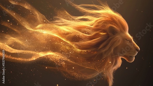 Powerful lion with a shimmering golden mane prowling through the grasslands with intense eyes and majestic stature