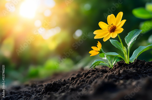 Yellow flowers growing in soil