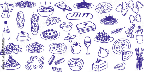 Hand drawn Italian food icon doodle vector set featuring pizza, pasta, herbs, desserts, and drinks. Perfect for menus, packaging, and social posts. Hand-drawn, fun, modern, and foodie-themed elements.