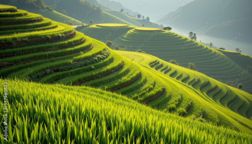 Fototapeta premium Green rice terrace field with vibrant sunlight on mountain slope creating peaceful rural landscape