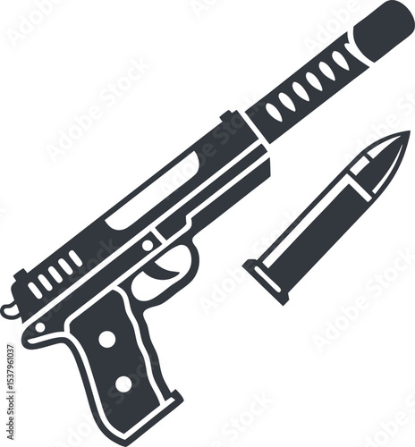Sleek Silhouette of a Pistol with Extended Barrel and a Single Bullet Ready for Action in Stark Black and White