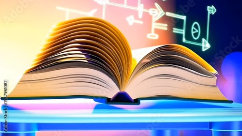 Futuristic Open Book Animation with Glowing Tech Symbols
