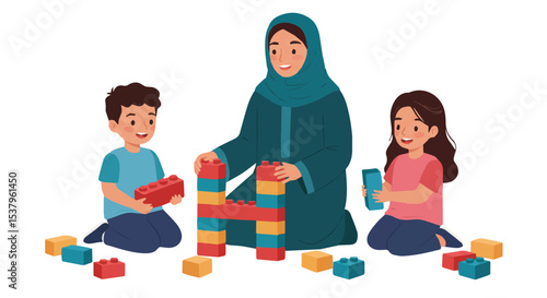  Muslim Mother Playing with Children and Building Blocks