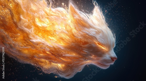 Enigmatic cat with an explosive fireball in its mouth, radiating energy and magic in an unusual fantasy scene