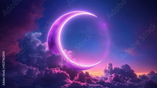 Ethereal crescent moon glowing brightly in the clear night sky surrounded by a soft blanket of stars