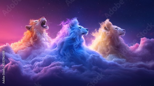 Three playful bears floating among soft, fluffy clouds in a dreamlike sky filled with light and imagination