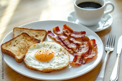 Wallpaper Mural Homemade American breakfast. Fried eggs with bacon and toast, a cup of coffee, a knife and fork on a wooden table. Healthy breakfast. The concept of healthy eating. Morning Sunlight Torontodigital.ca