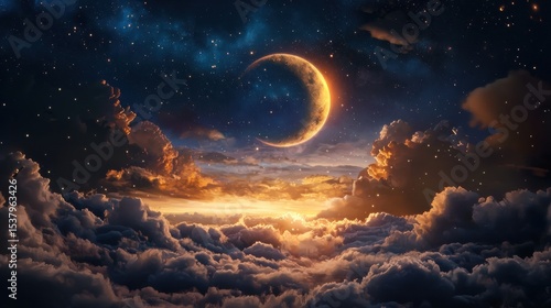 A beautiful moon reflecting soft light in the dark sky surrounded by gentle clouds creating a peaceful scene