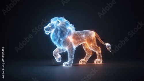 Ethereal lion formed from light, radiating a magical glow in a dreamy atmosphere, symbolizing strength and majesty