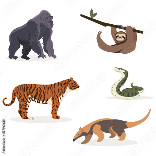 Hand-drawn Jungle Animals in flat vector style on white. Perfect for designers and educators.
