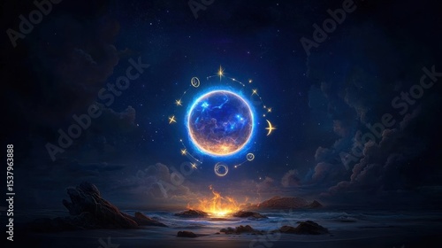 Vibrant blue planet surrounded by a bright orange star in the center emphasizing cosmic wonder and celestial beauty