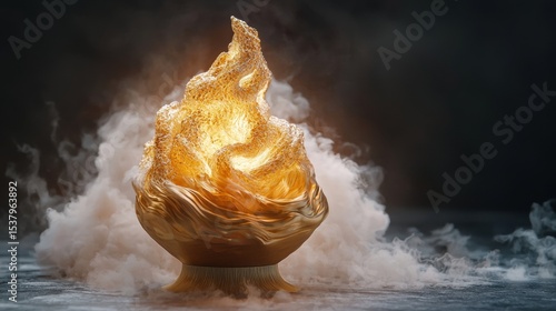 Enigmatic golden egg exuding wisps of smoke surrounded by mystical elements creating a captivating fantasy scene