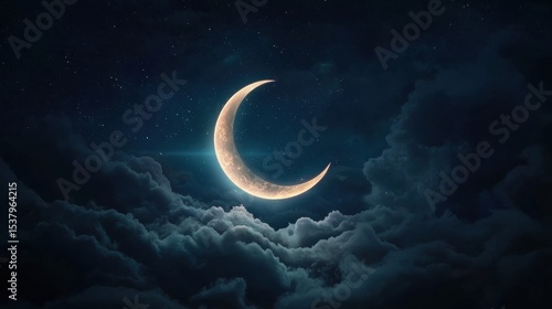 Enchanting crescent moon hanging gracefully in a deep blue sky surrounded by fluffy clouds creating a dreamy scene