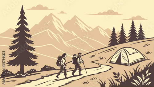 Couple hiking in mountain landscape with tent