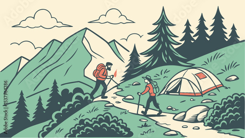 Couple hiking and camping in mountainous terrain