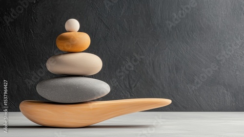 Natural stack of rocks forming a balanced tower on a serene beach with soft waves in the background