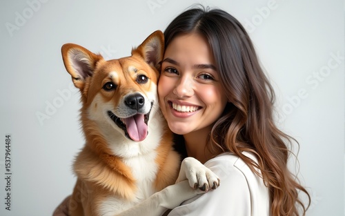 Portrait of beautiful women hugging cute dog with smile and hppiness isolated on background, lovely moment of pet and owner. High quality