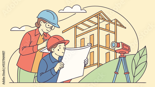 Construction workers reviewing building plans at construction site