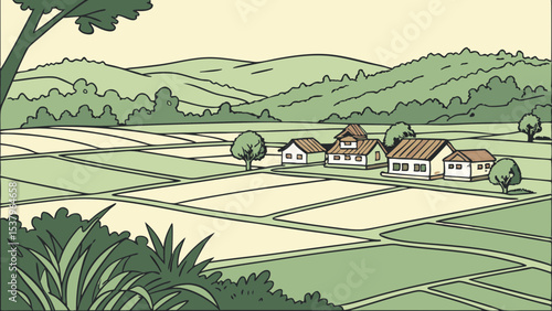 Tranquil rural village landscape with rice paddies and rolling hills