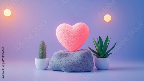 Heart-shaped green plant nestled beside a small heart-shaped rock creating a symbol of love and nature