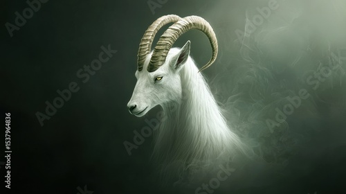 Majestic goat displaying a long horn against a natural background highlighting strength and unique animal characteristics