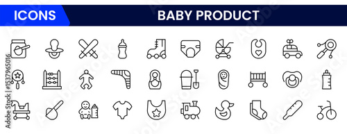 Adorable vector web line icons depicting baby products, diapers, bottles, strollers, and nurturing essentials for infant care and comfort.