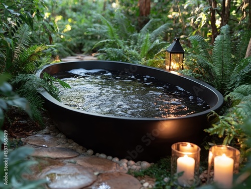 Luxurious Outdoor Bathing: A Serene Black Bathtub Nestled Amidst Lush Greenery, Illuminated by Soft Candlelight and the Warm Glow of a Lantern