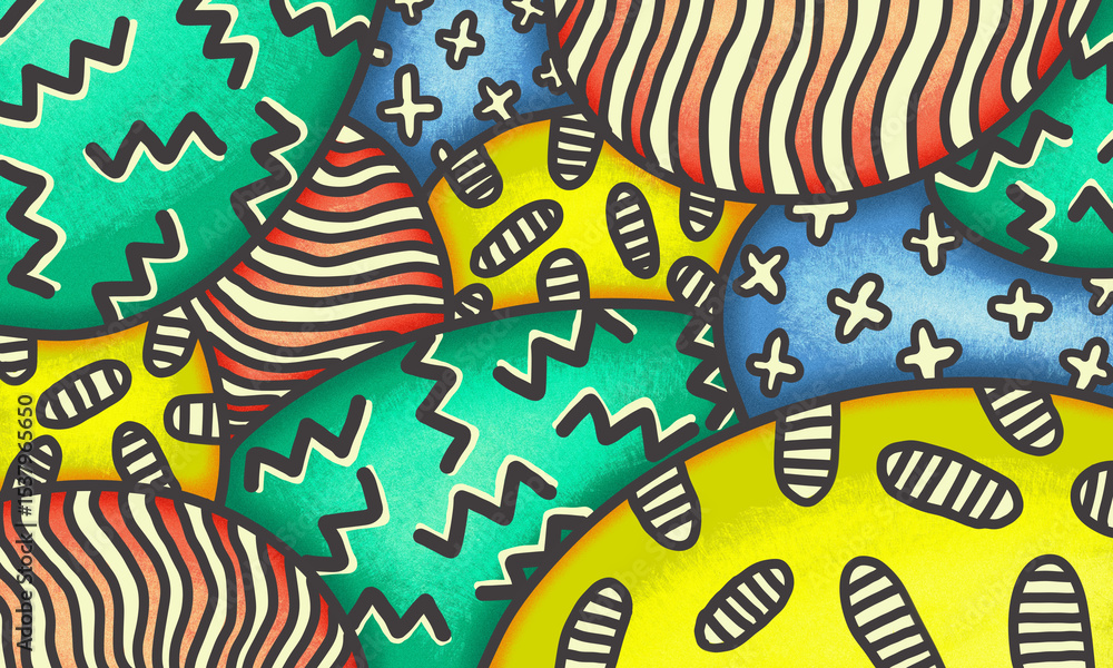 Obraz premium Colorful geometric shapes and doodle lines background.