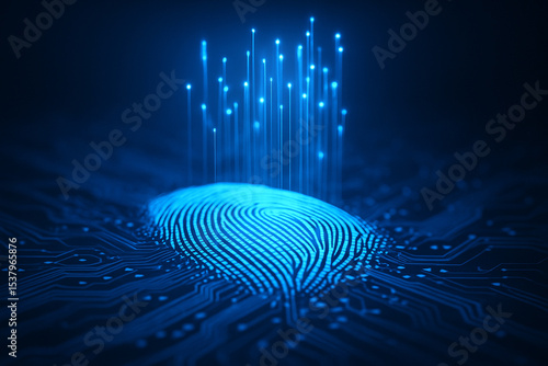AI generated glowing fingerprint on circuit board with rising light beams representing biometric scanning identity verification and digital security system