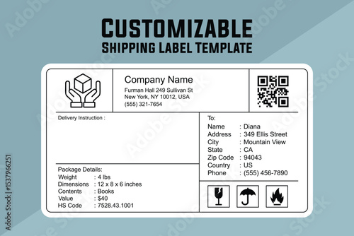 Custom Horizontal Shipping Label Design. Printable Parcel Template with QR Code and Safety Icons