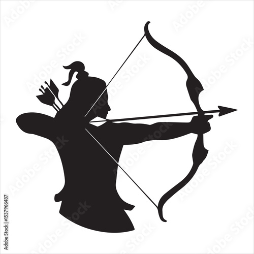 Ancient Archer Silhouette Vector Drawing with Bow and Arrow