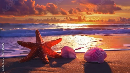 Starfish and seashells on sandy beach at sunset with ocean waves and colorful sky in the background